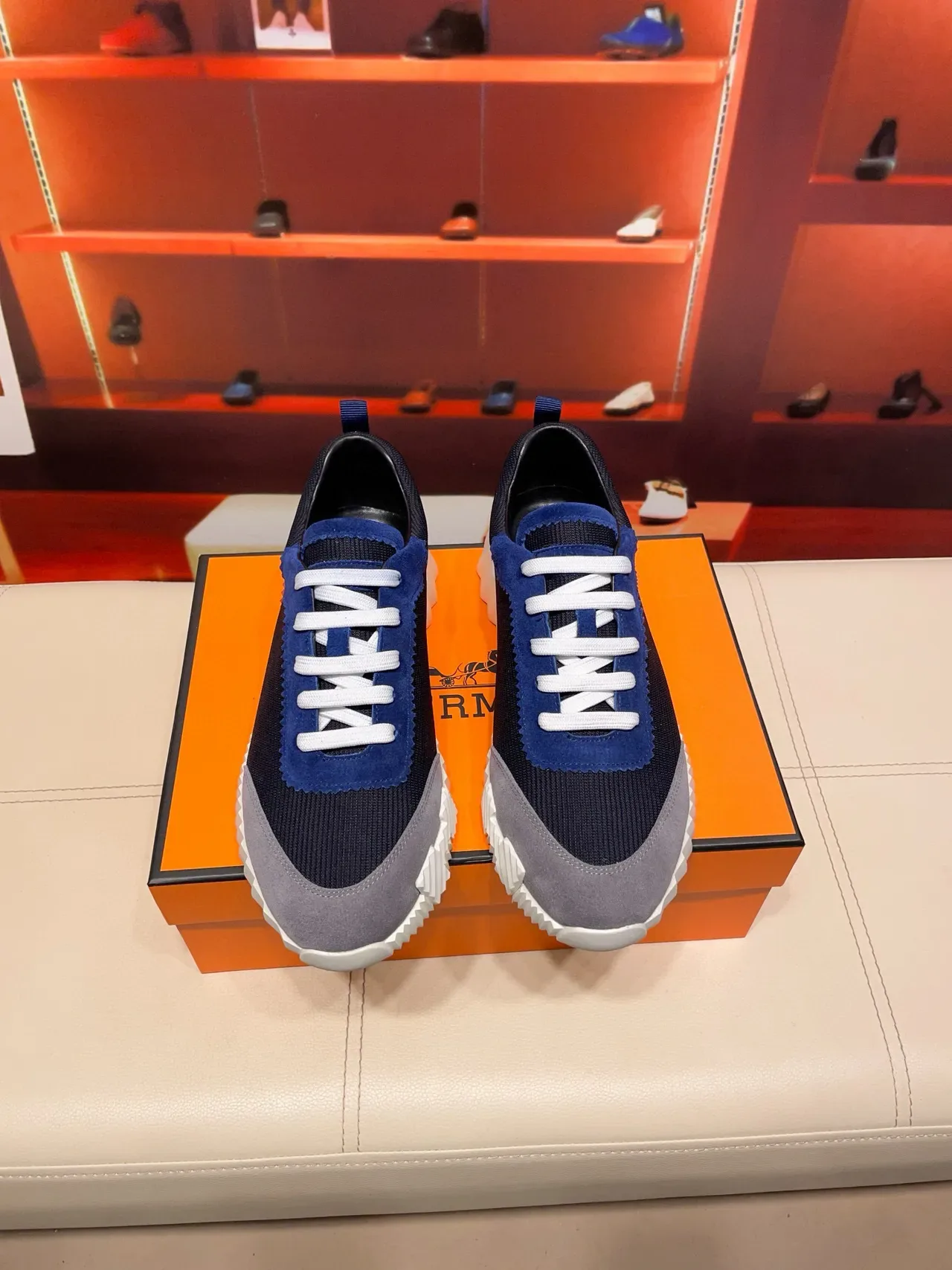 Hermès Navy Blue Mixed-Material Upper Sculpted Ridged Midsole Lifestyle Sneakers 5