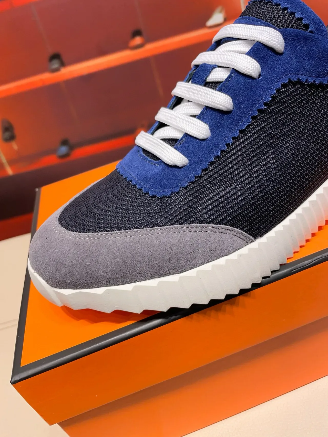 Hermès Navy Blue Mixed-Material Upper Sculpted Ridged Midsole Lifestyle Sneakers 6