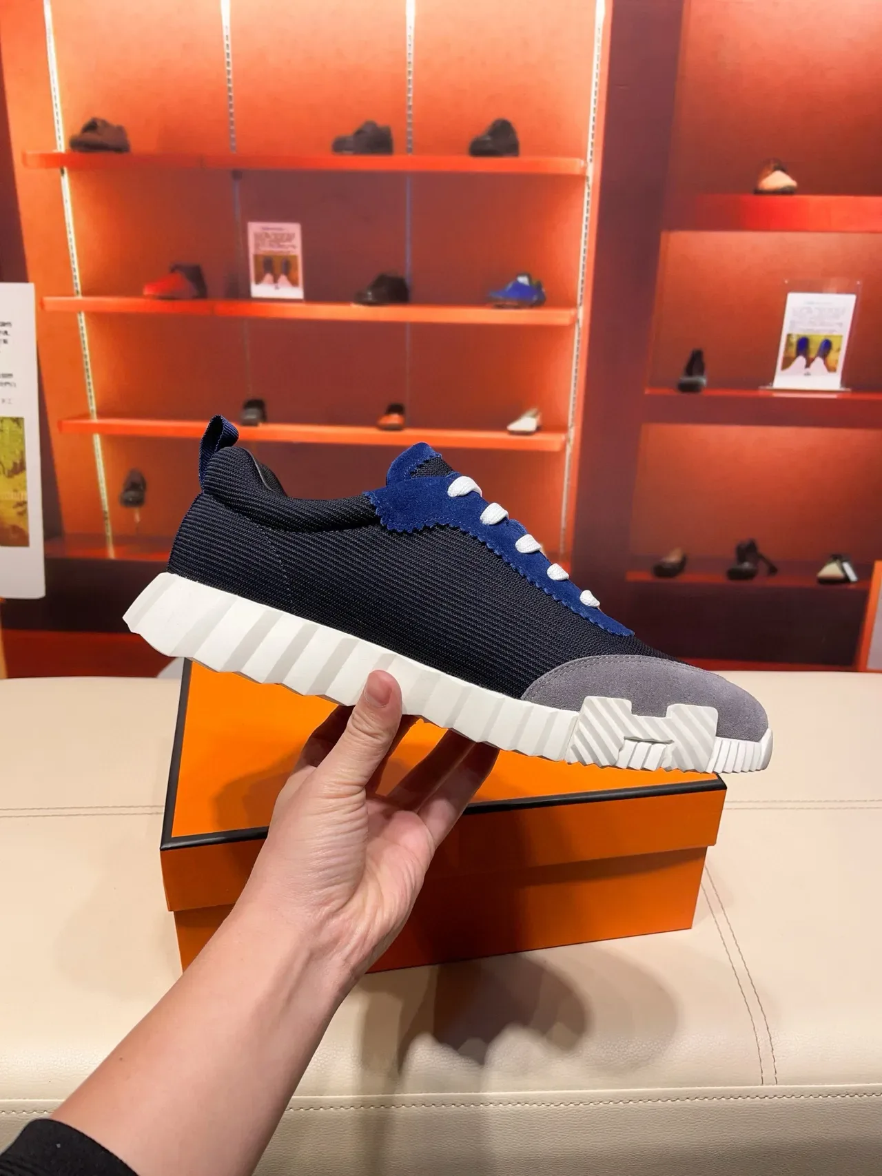 Hermès Navy Blue Mixed-Material Upper Sculpted Ridged Midsole Lifestyle Sneakers 7