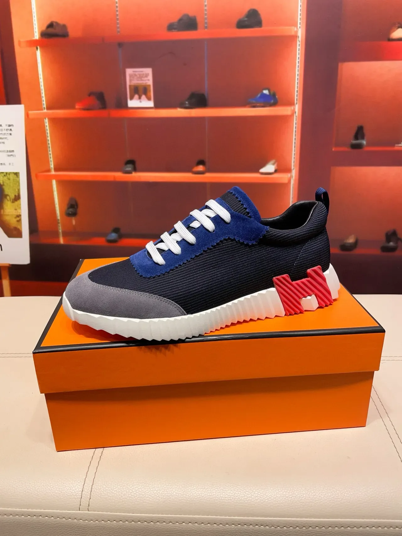 Hermès Navy Blue Mixed-Material Upper Sculpted Ridged Midsole Lifestyle Sneakers 9