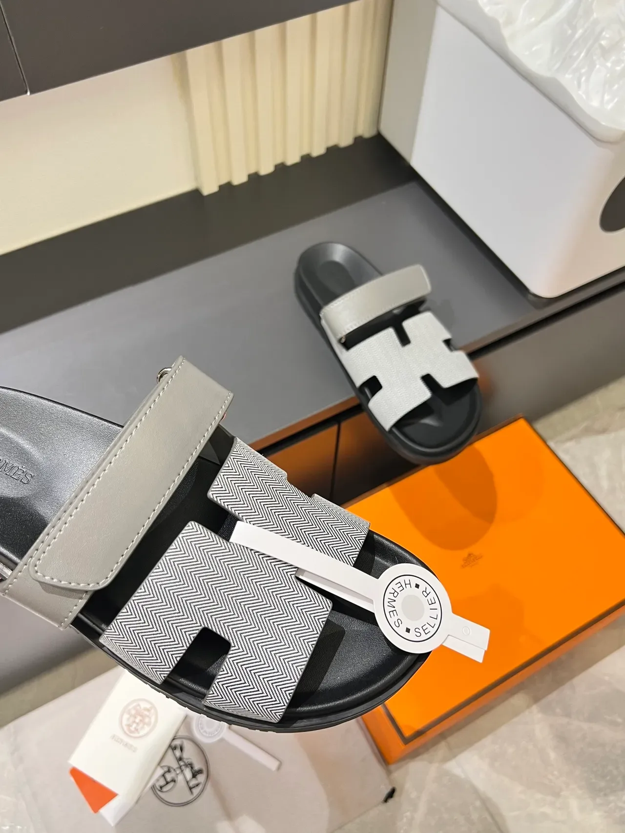 Hermès Oran Black Brown Double-Strap H-Motif Cutout Slippers 4