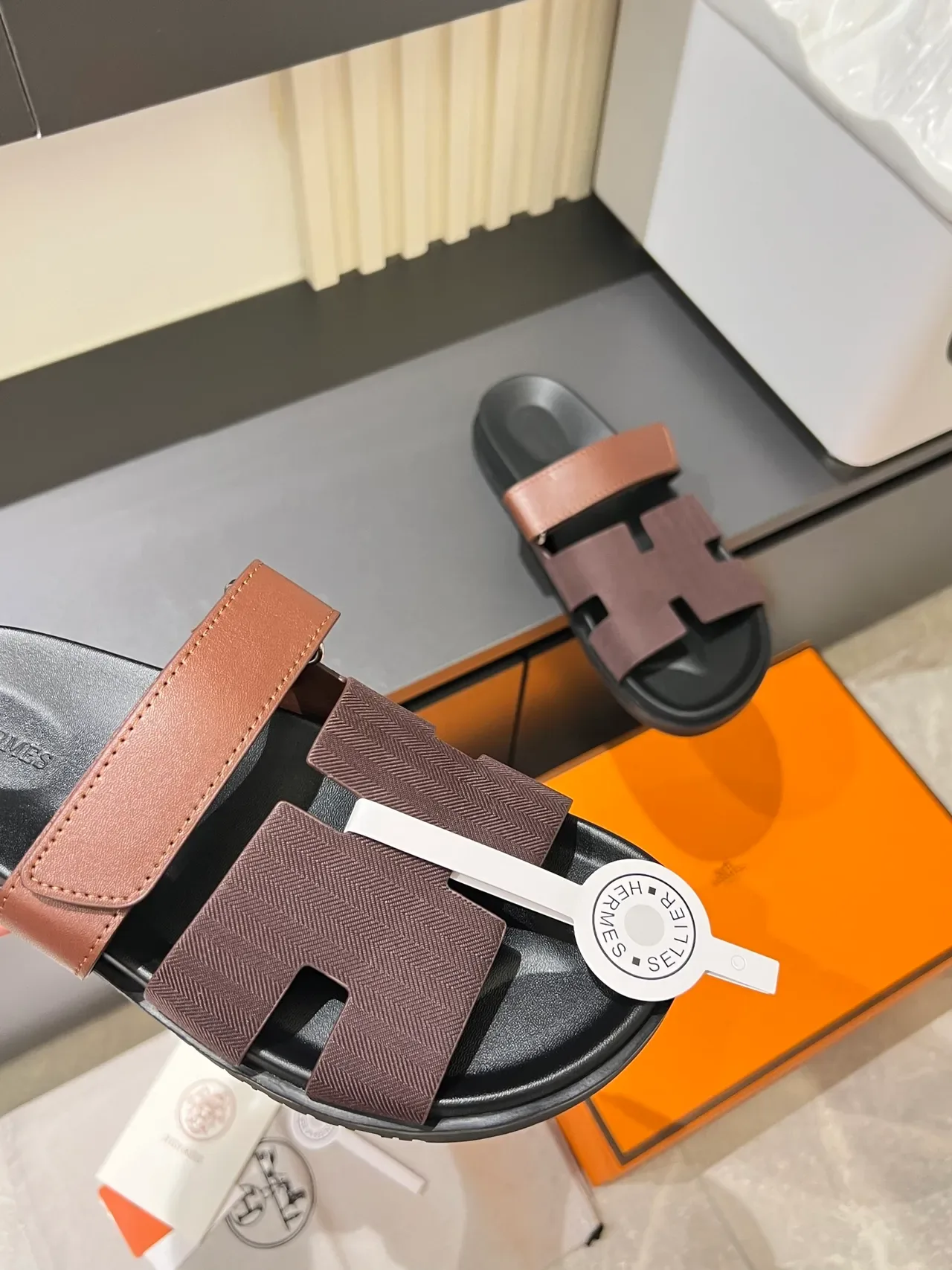 Hermès Oran Black Brown Double-Strap H-Motif Cutout Slippers 7