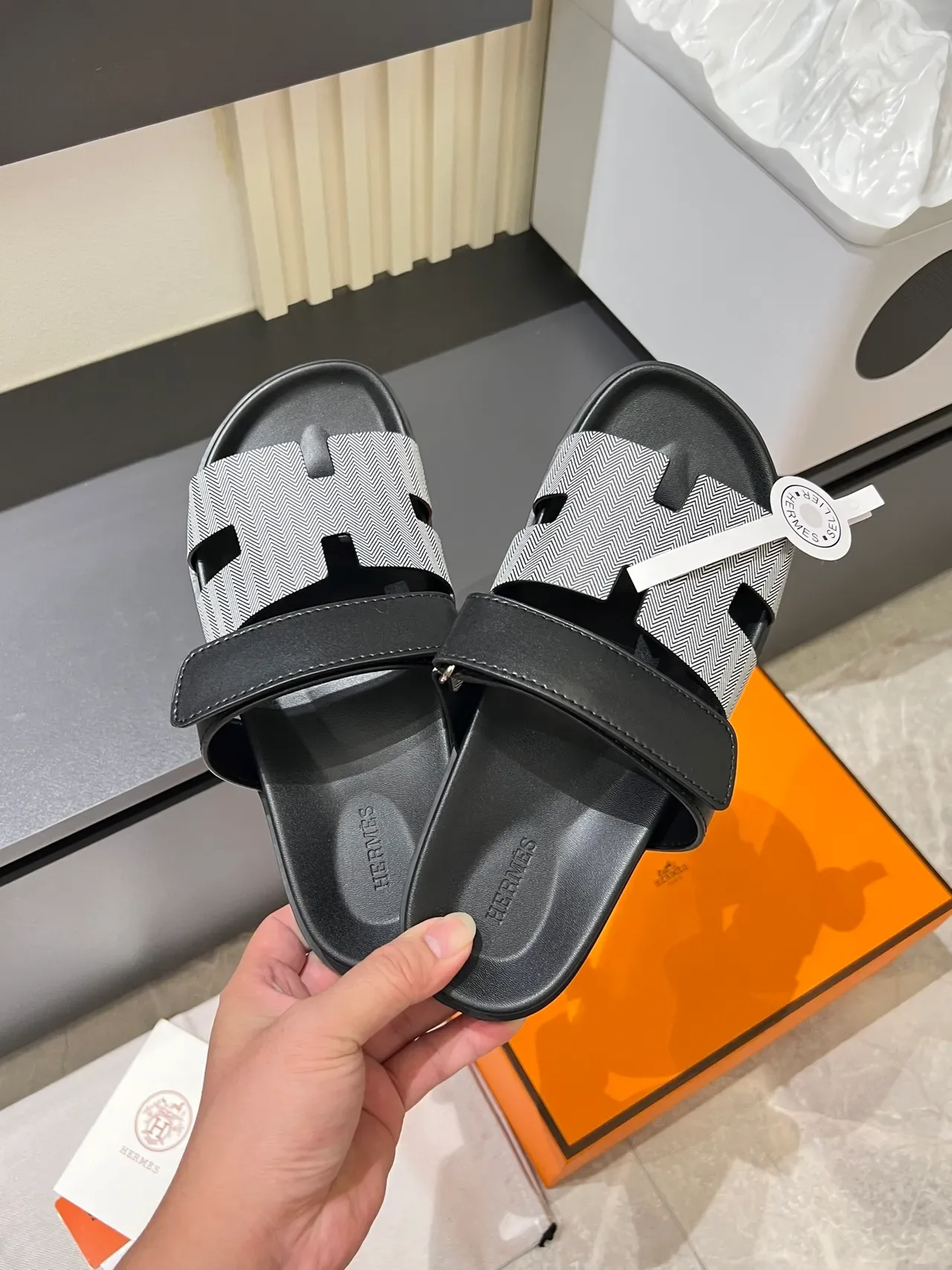 Hermès Oran Black Brown Double-Strap H-Motif Cutout Slippers 11
