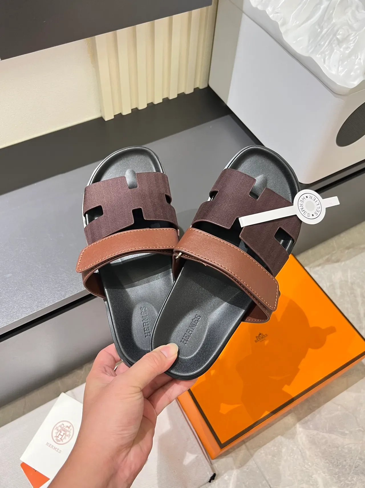 Hermès Oran Black Brown Double-Strap H-Motif Cutout Slippers 13