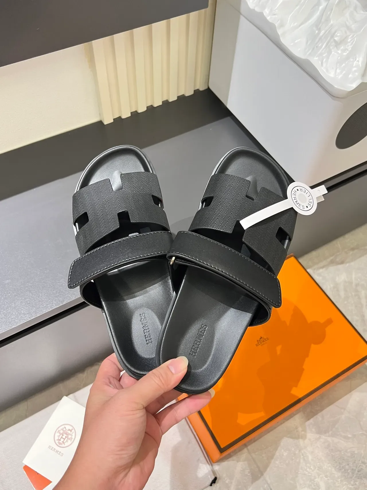 Hermès Oran Black Brown Double-Strap H-Motif Cutout Slippers 14