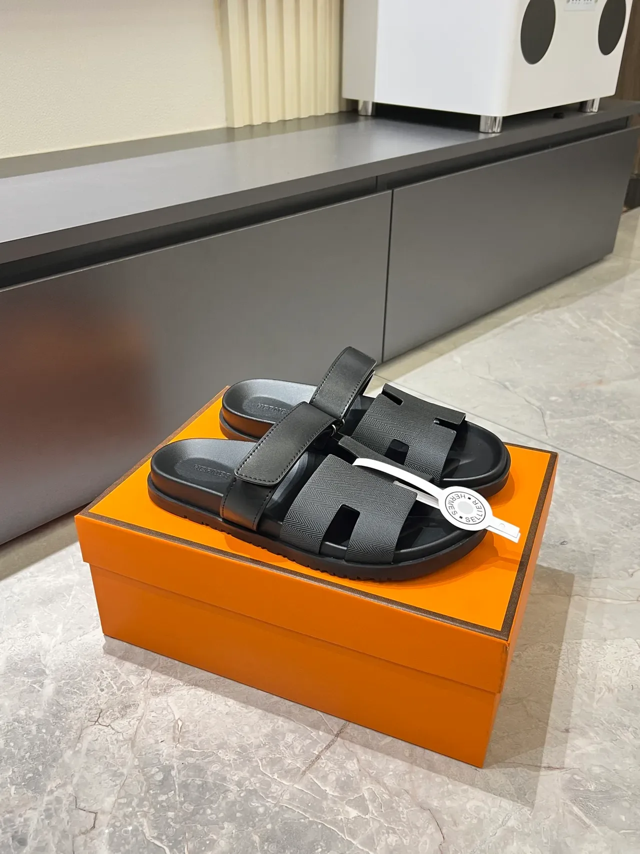 Hermès Oran Black Brown Double-Strap H-Motif Cutout Slippers 20