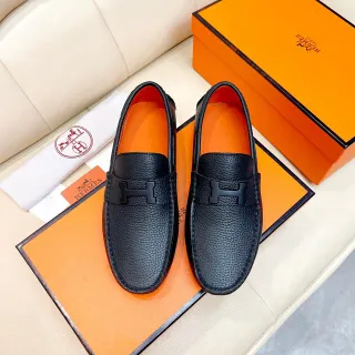 Hermès Oran Black Pebbled Leather H-Buckle Loafers