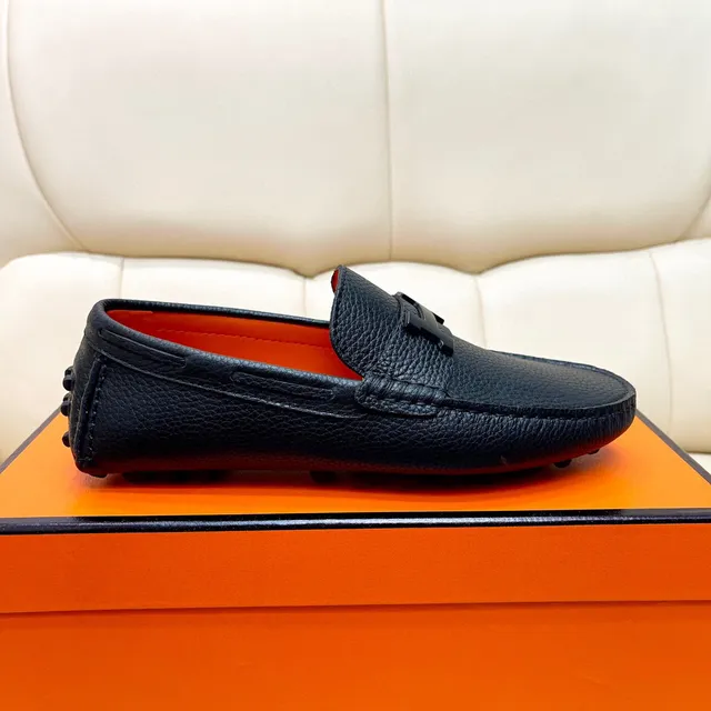 Hermès Oran Black Pebbled Leather H-Buckle Loafers 2