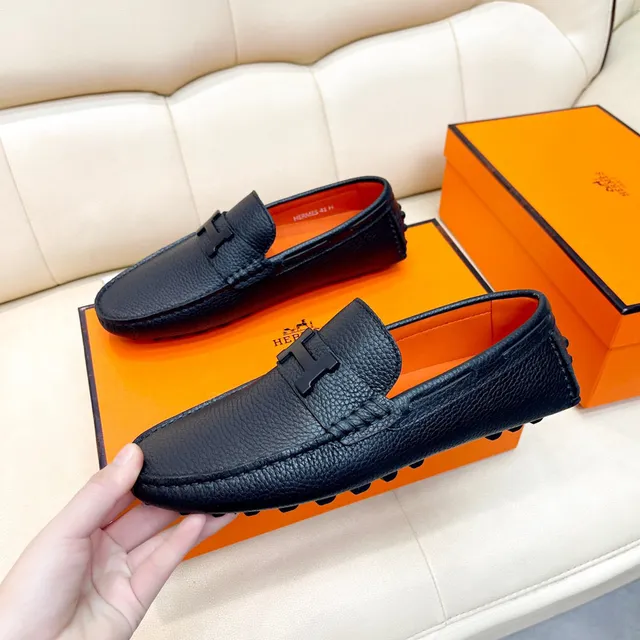 Hermès Oran Black Pebbled Leather H-Buckle Loafers 7