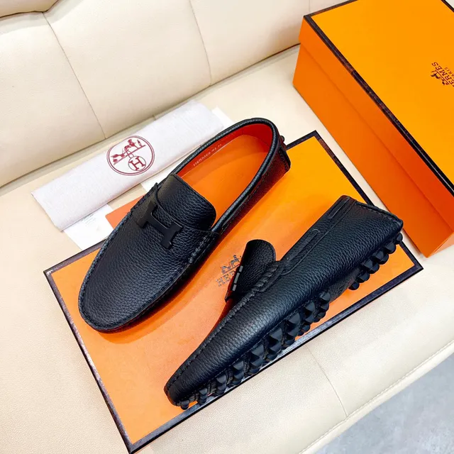 Hermès Oran Black Pebbled Leather H-Buckle Loafers 9