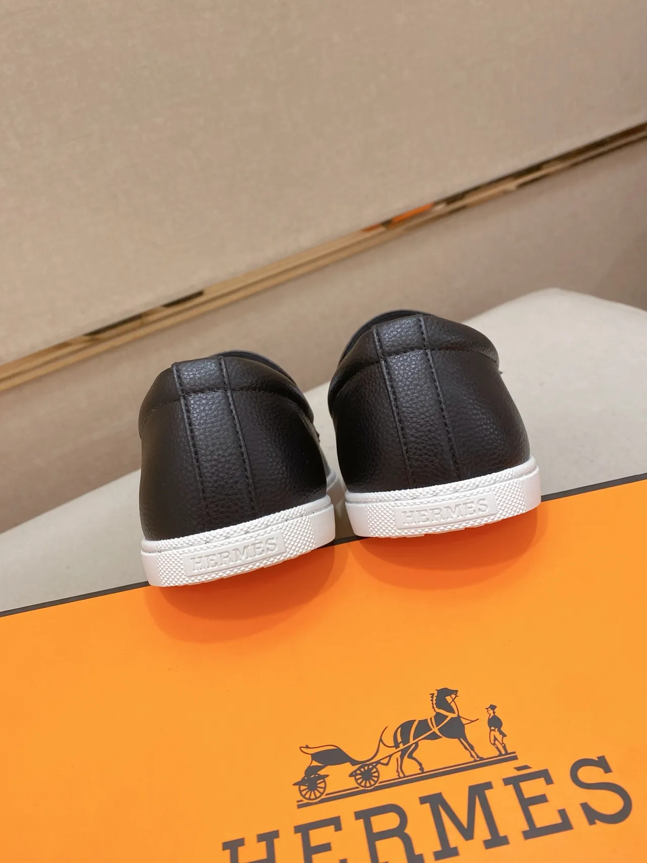 Hermès Oran Black White Pebbled Leather H-Buckle Strap Loafer 4