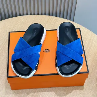 Hermès Oran Blue Suede Cross Strap Slippers