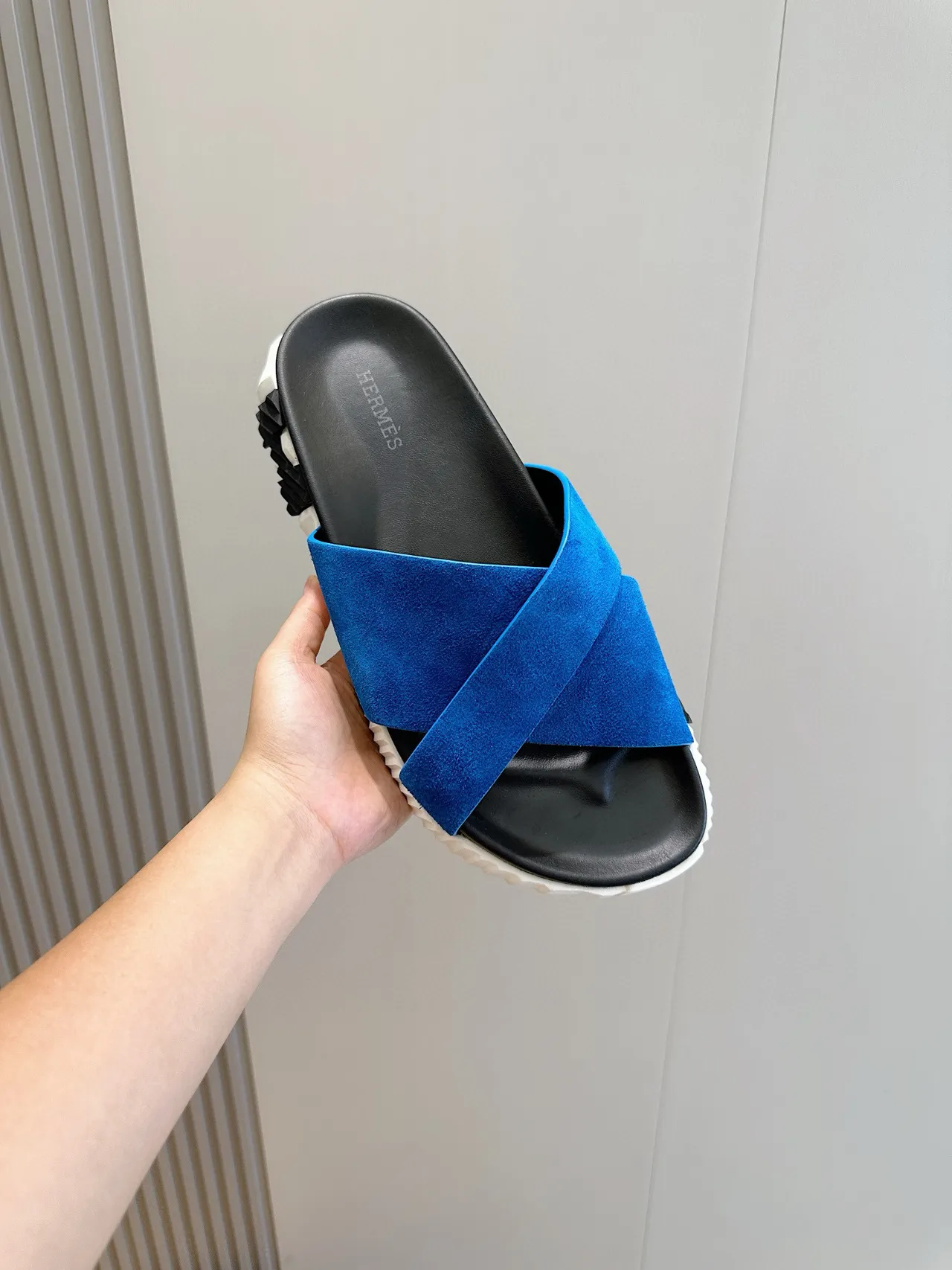 Hermès Oran Blue Suede Cross Strap Slippers 4