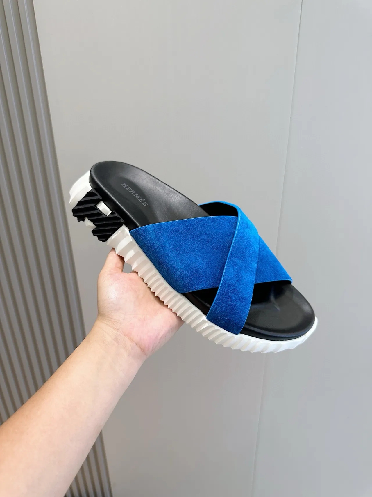Hermès Oran Blue Suede Cross Strap Slippers 5
