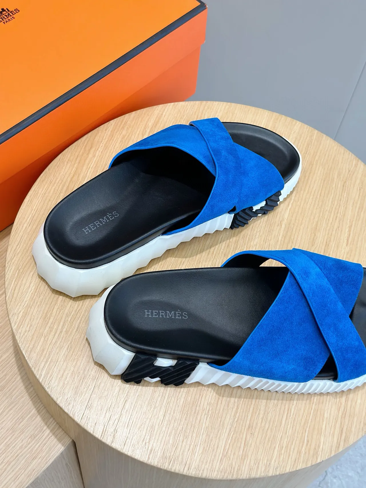 Hermès Oran Blue Suede Cross Strap Slippers 6