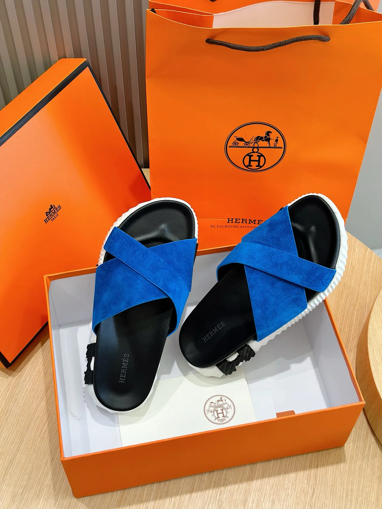 Hermès Oran Blue Suede Cross Strap Slippers 8