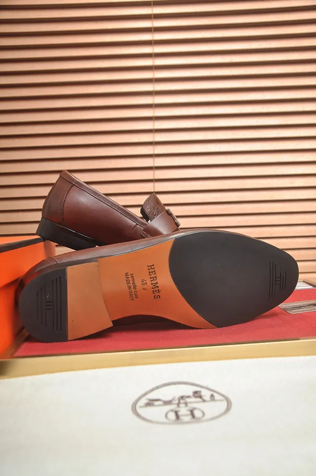 Hermès Oran Brown Black Leather Crocodile-Embossed Vamp Loafer 3