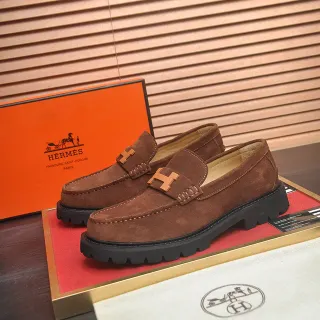 Hermès Oran Brown Black Suede Upper H-Logo Leather Buckle Loafer