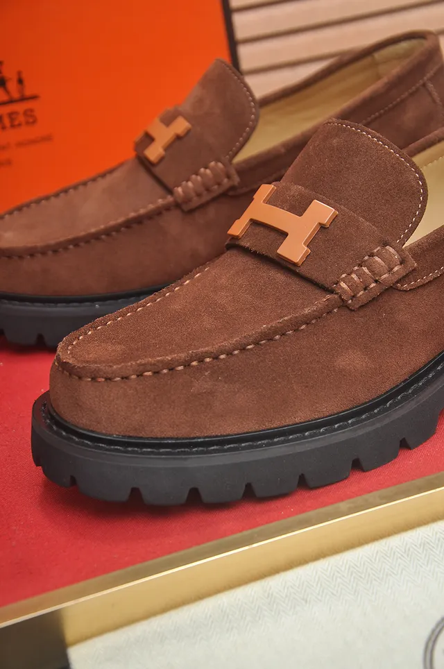 Hermès Oran Brown Black Suede Upper H-Logo Leather Buckle Loafer 2