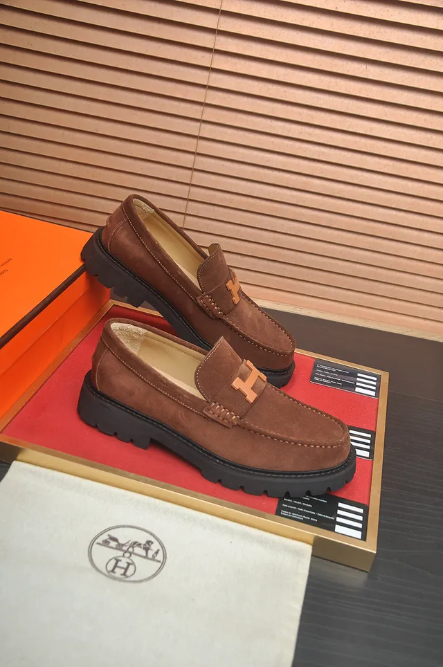Hermès Oran Brown Black Suede Upper H-Logo Leather Buckle Loafer 4