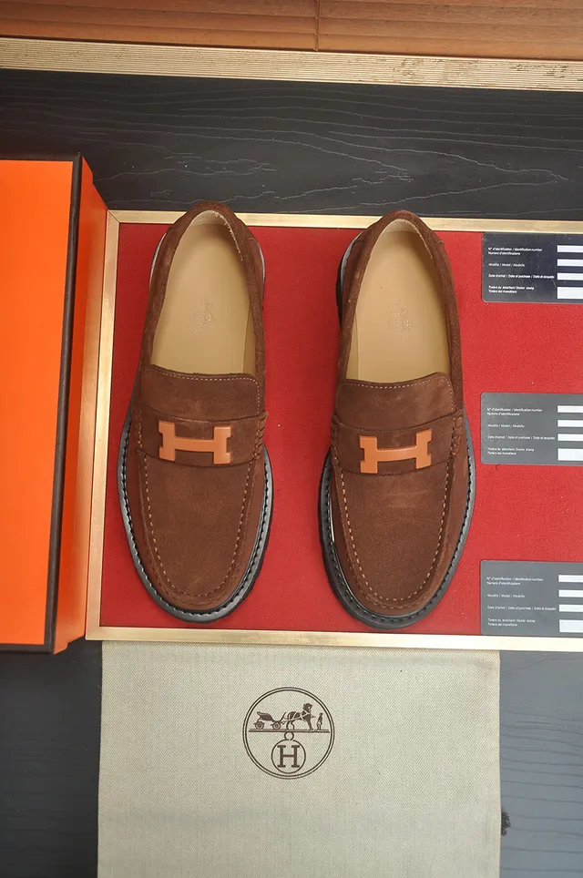 Hermès Oran Brown Black Suede Upper H-Logo Leather Buckle Loafer 5