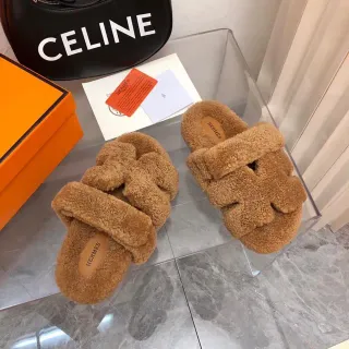 Hermès Oran Brown Fluffy Shearling Wide Strap Slippers