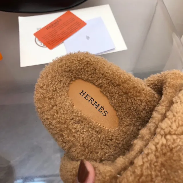 Hermès Oran Brown Fluffy Shearling Wide Strap Slippers 2