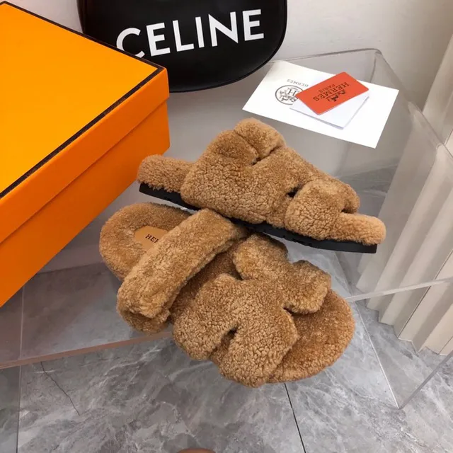 Hermès Oran Brown Fluffy Shearling Wide Strap Slippers 3