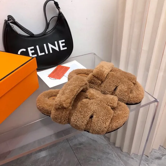 Hermès Oran Brown Fluffy Shearling Wide Strap Slippers 4