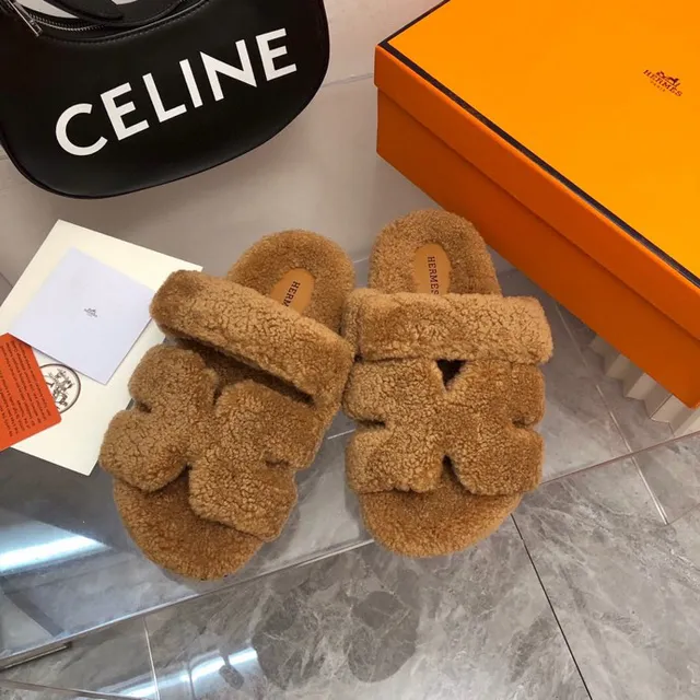 Hermès Oran Brown Fluffy Shearling Wide Strap Slippers 5