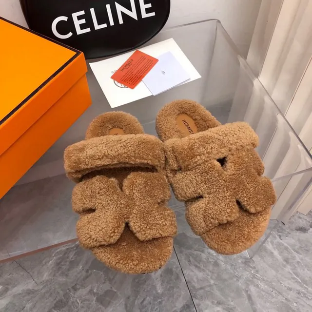 Hermès Oran Brown Fluffy Shearling Wide Strap Slippers 7