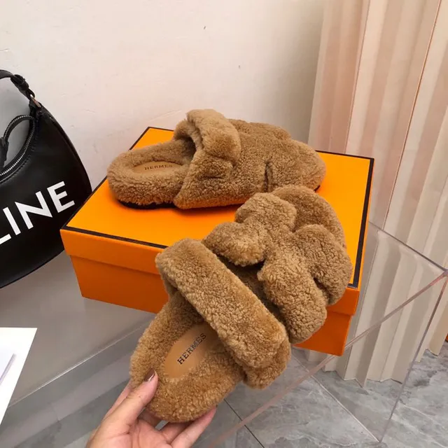 Hermès Oran Brown Fluffy Shearling Wide Strap Slippers 9
