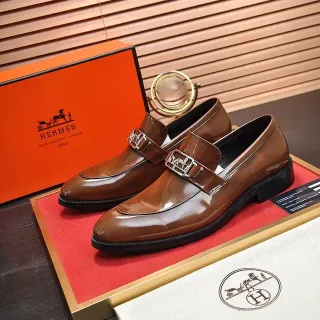 Hermès Oran Brown Polished Leather Double Monk Strap Loafers