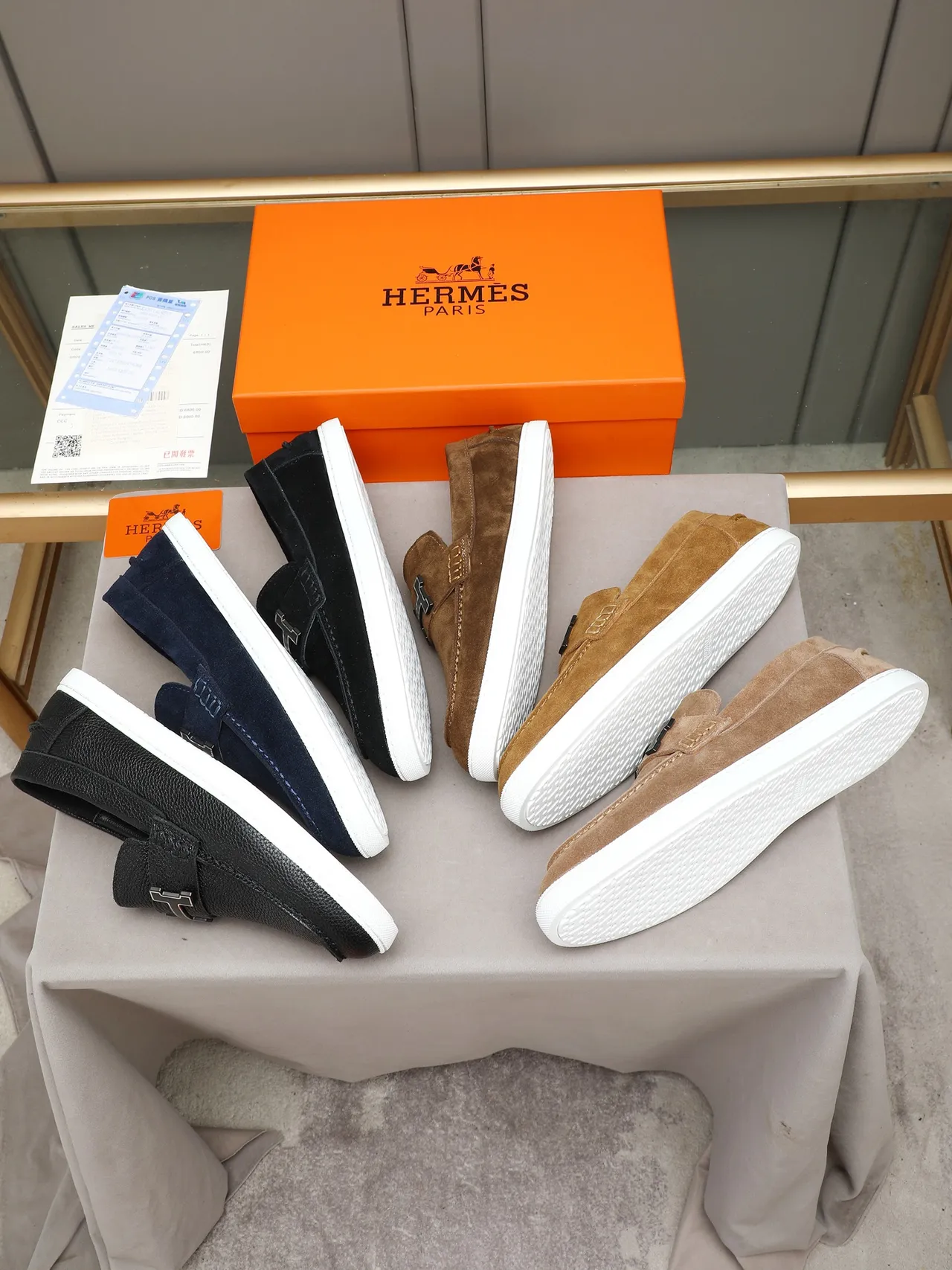 Hermès Oran daim marron blanc sangle à boucle H loafers 2