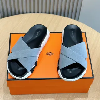 Hermès Oran Gray Black Cross-Strap Suede-Textured Slippers