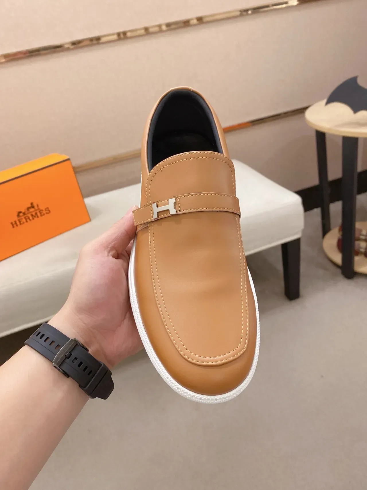 Hermès Oran لافر جلد بني H-Buckle سليب أون 5