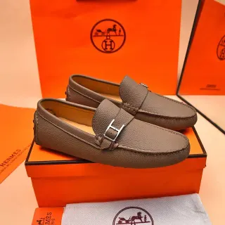 Hermès Oran Mocassins Couro Granulado Taupe com Fivela H