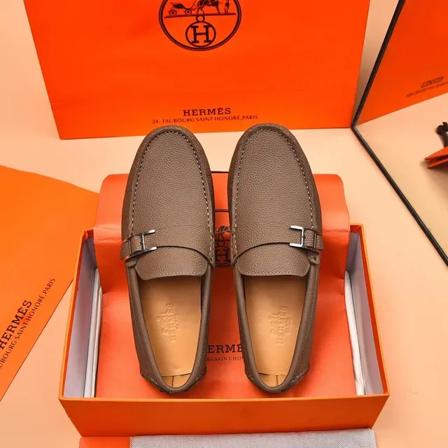 Hermès Oran Mocassins Cuir grainé Taupe boucle H 3