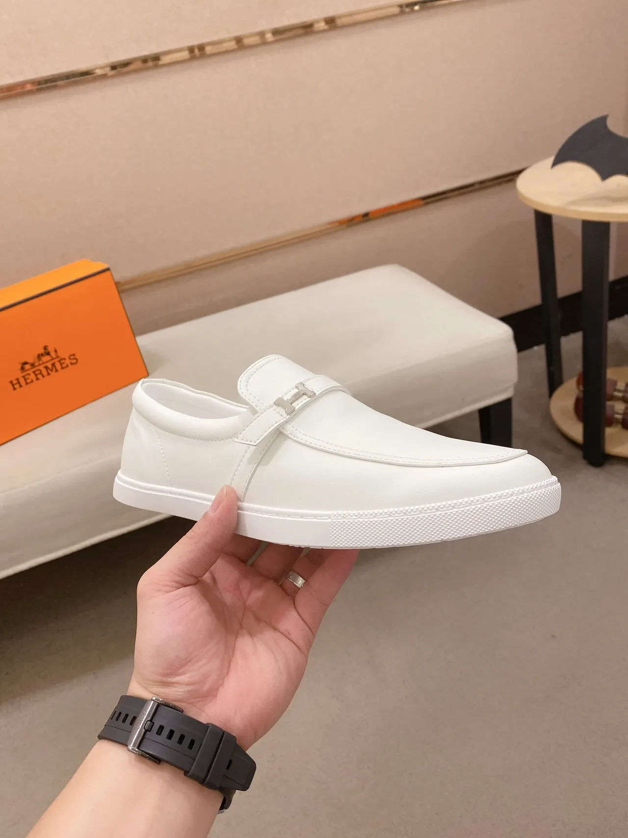 Hermès Oran Loafer loafer de couro branco slip-on 4