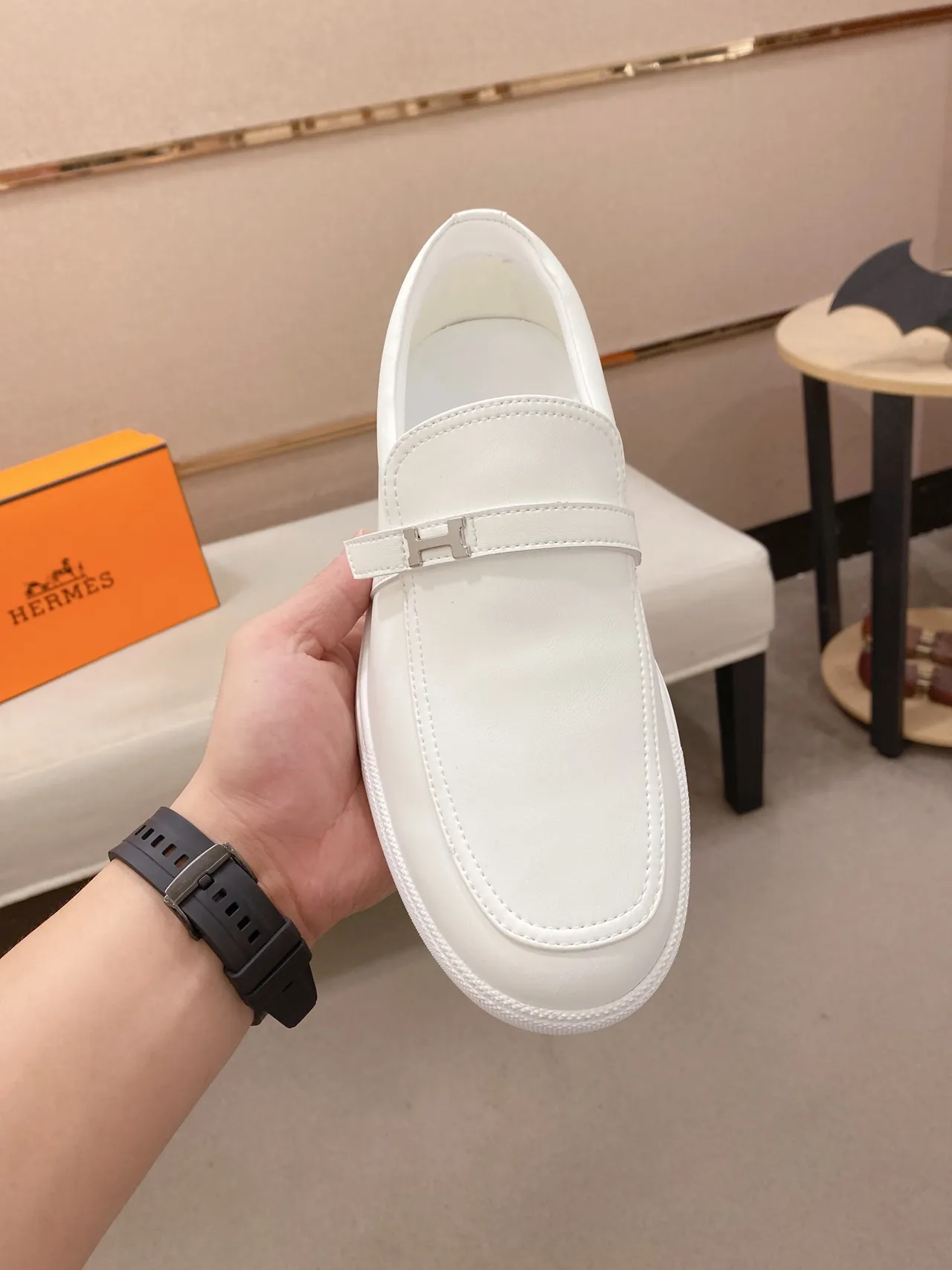 Hermès Oran Loafer loafer de couro branco slip-on 5