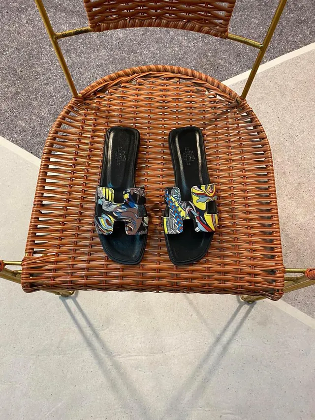 Hermès Oran Multicolor Printed Fabric H-Strap Slippers 2