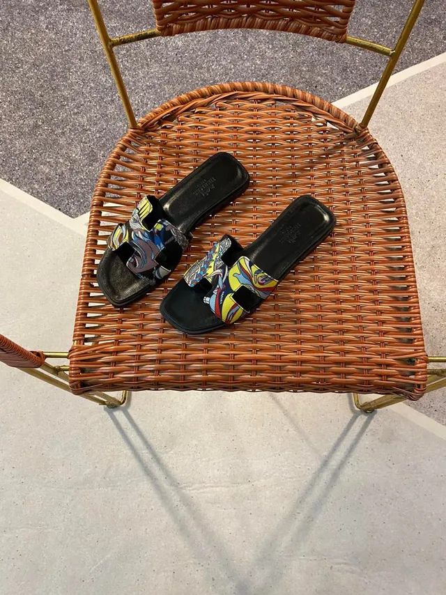 Hermès Oran Multicolor Printed Fabric H-Strap Slippers 4