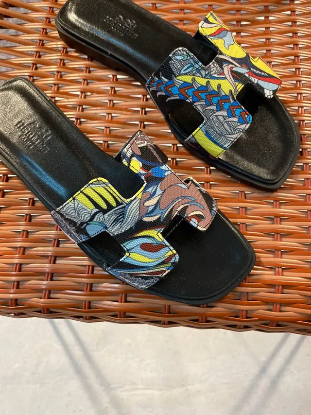 Hermès Oran Multicolor Printed Fabric H-Strap Slippers 5