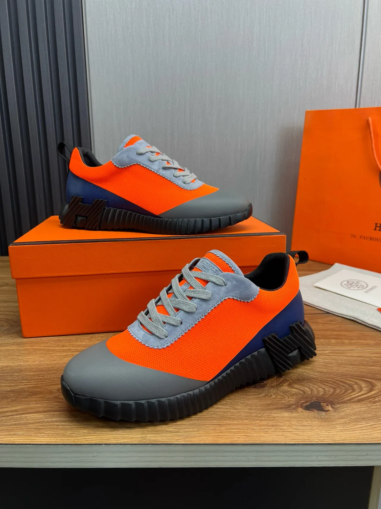 Hermès Oran Orange Gray Black Chunky Sneakers 4