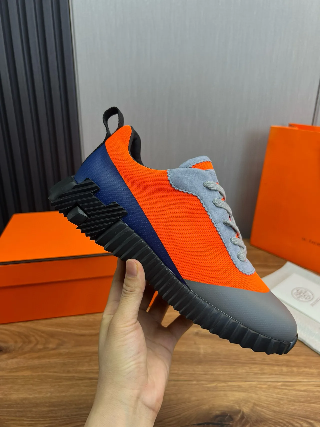 Hermès Oran Orange Gray Black Chunky Sneakers 7