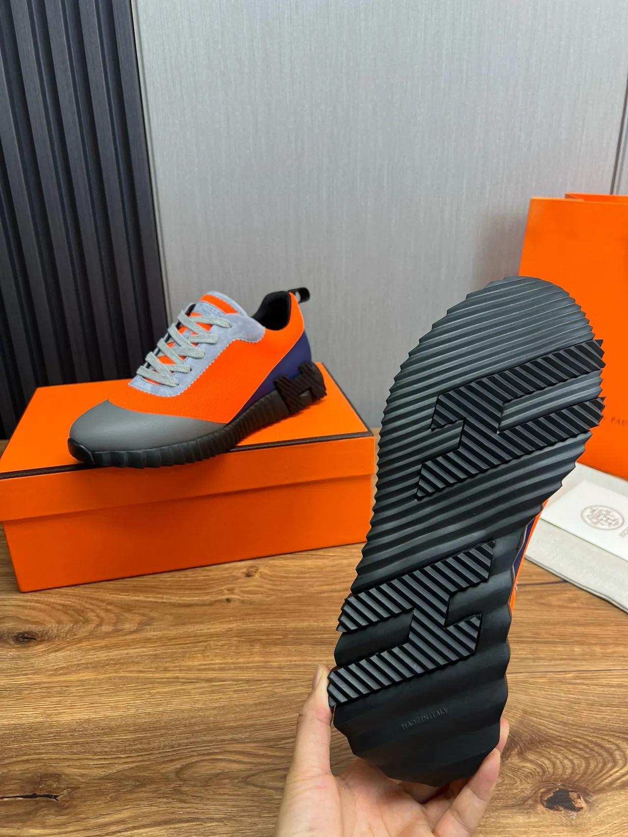 Hermès Oran Orange Gray Black Chunky Sneakers 9