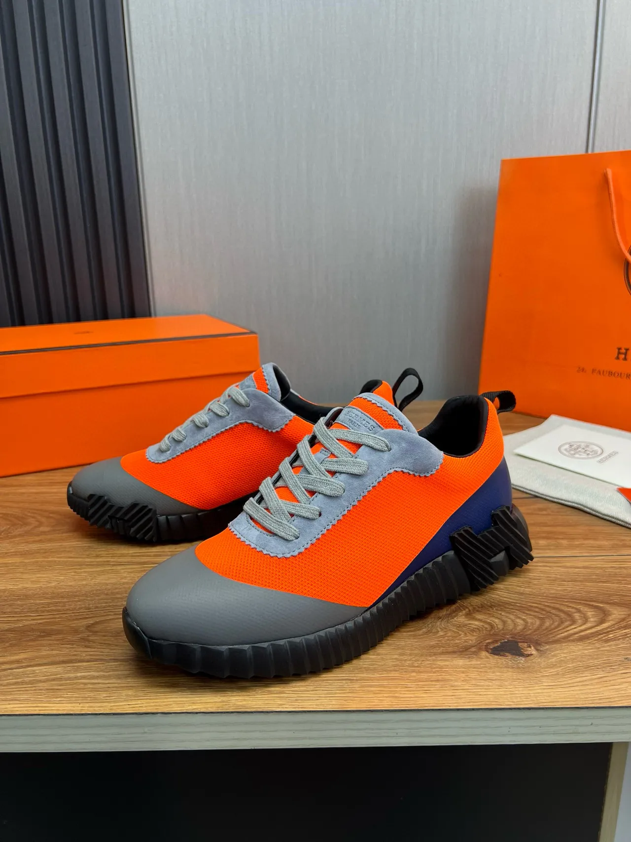 Hermès Oran Orange Gray Black Chunky Sneakers 10
