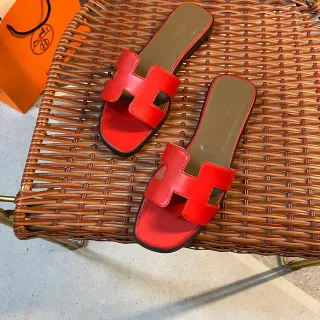 Hermès Oran Red Leather H-Strap Slippers