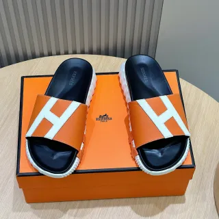 Hermès Oran Slide Orange and White Leather Slippers