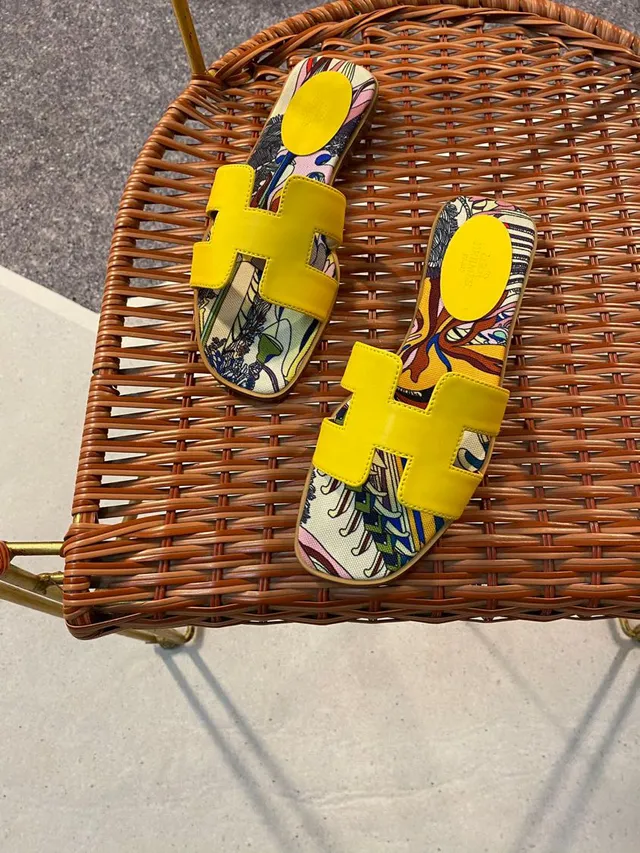 Hermès Oran Slide Yellow Multicolor Printed Canvas Slippers 1